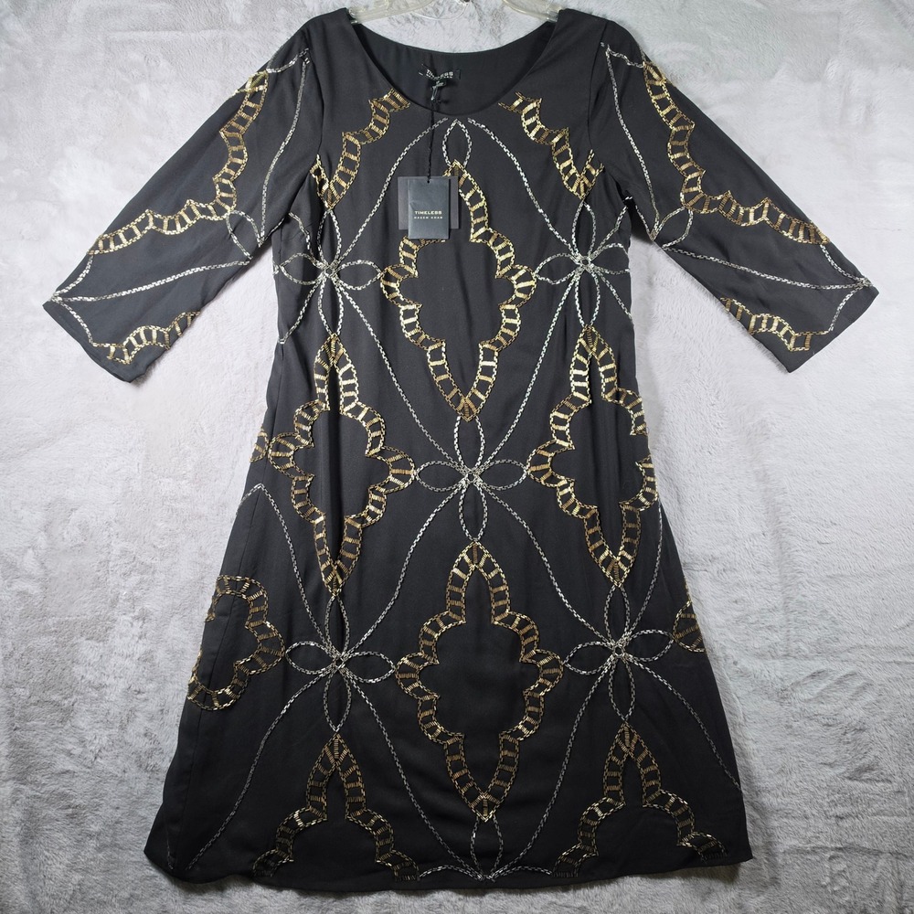 Timeless Naeem Khan Dress Womens 12 Black Gold Silver Beaded Geometric Shift NWT